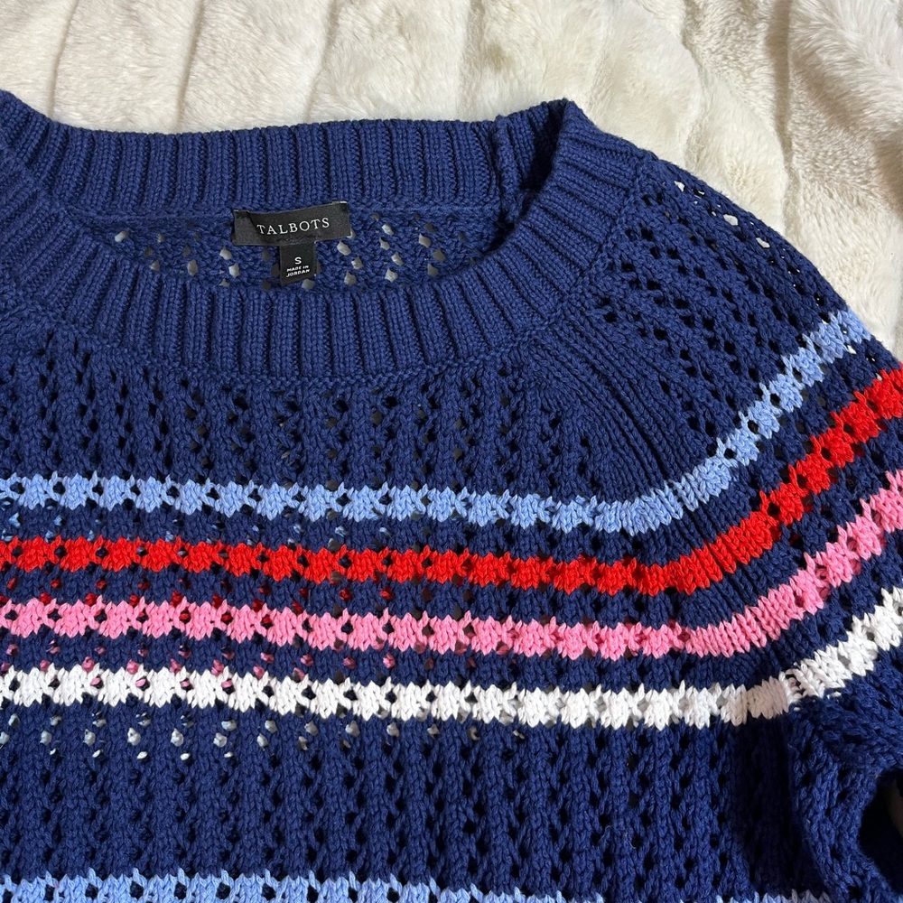 Talbots S Blue Pink Loose Knit Tunic Crochet Stripe Sweater Casual Office Spring
